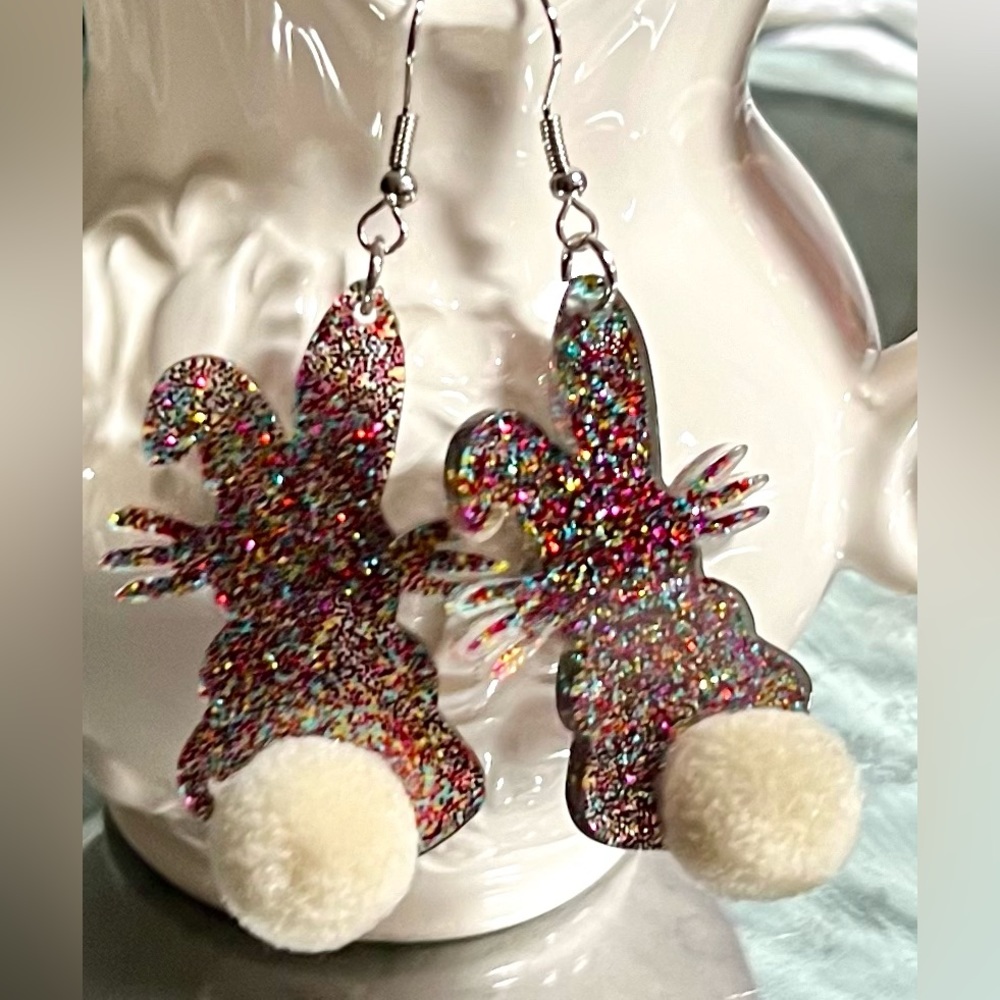 Sparkling Bunny w/fluffy pompom tail Acrylic Dangle Earrings